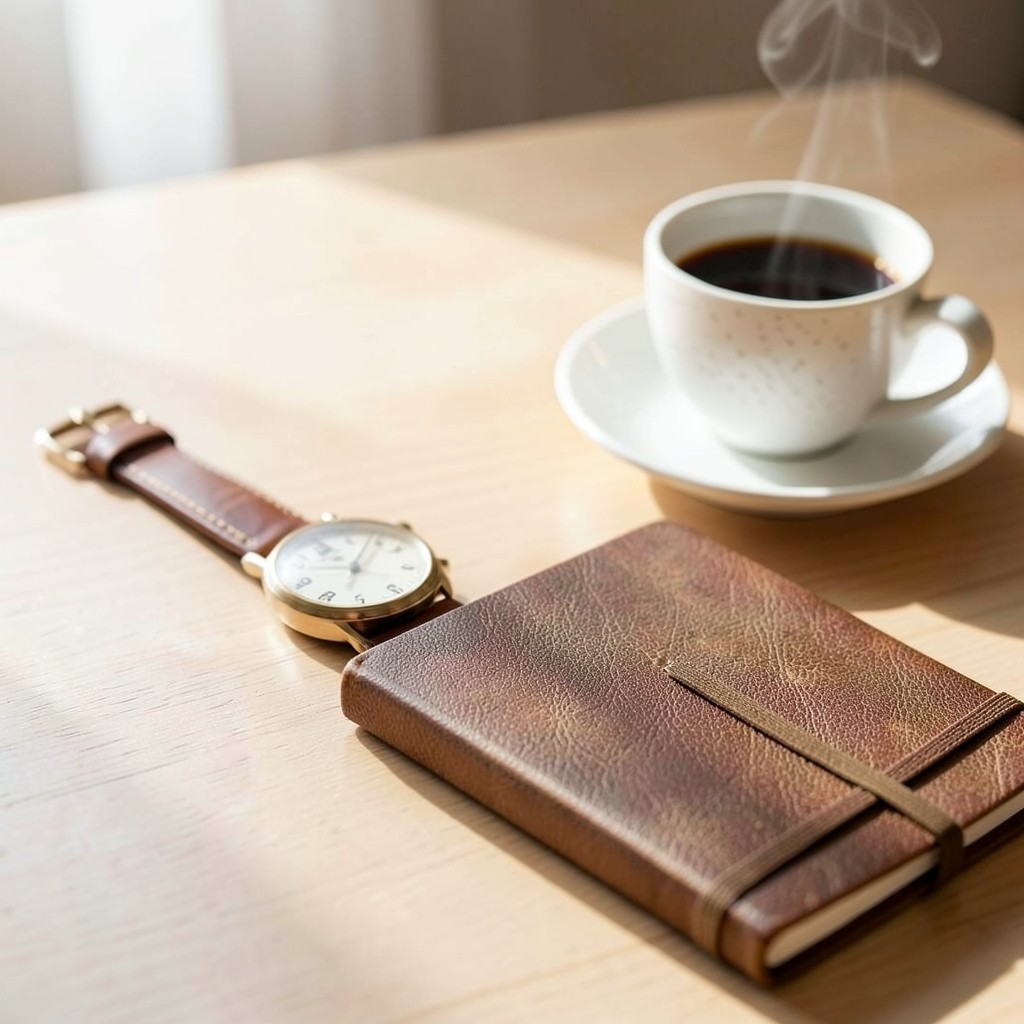 Reloj y agenda sobre mesa junto a una taza de café
