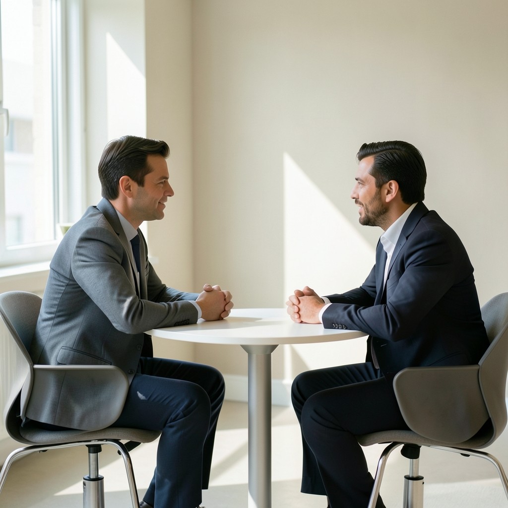 Dos personas conversando en una sala luminosa durante una entrevista de trabajo